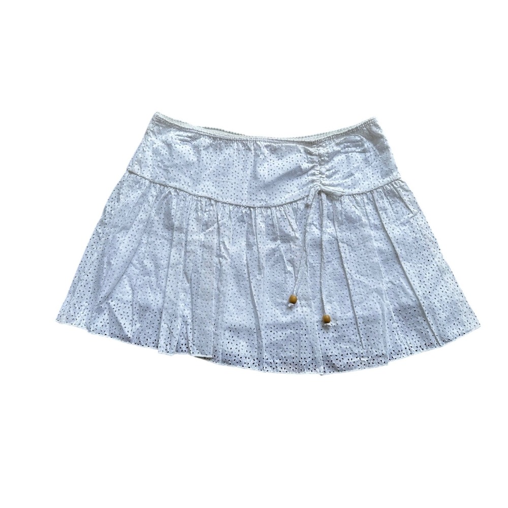 White Eyelet Mini Skirt Boho Tiered Ruffle Drawstring Wooden Beads Floral L